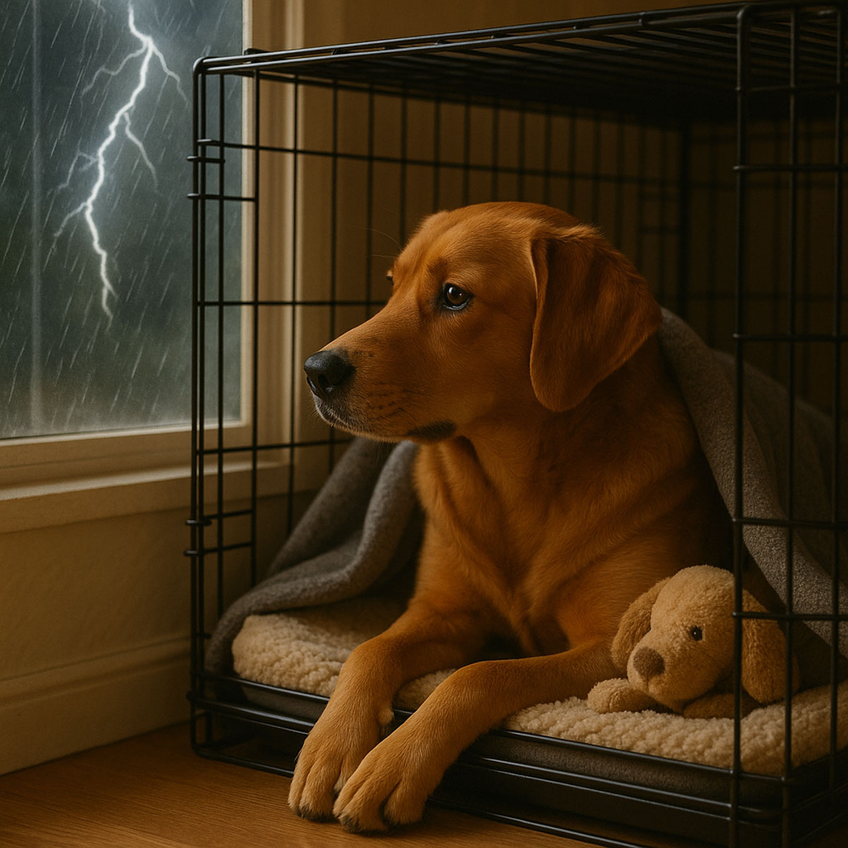 dog in crate fearful due to storms